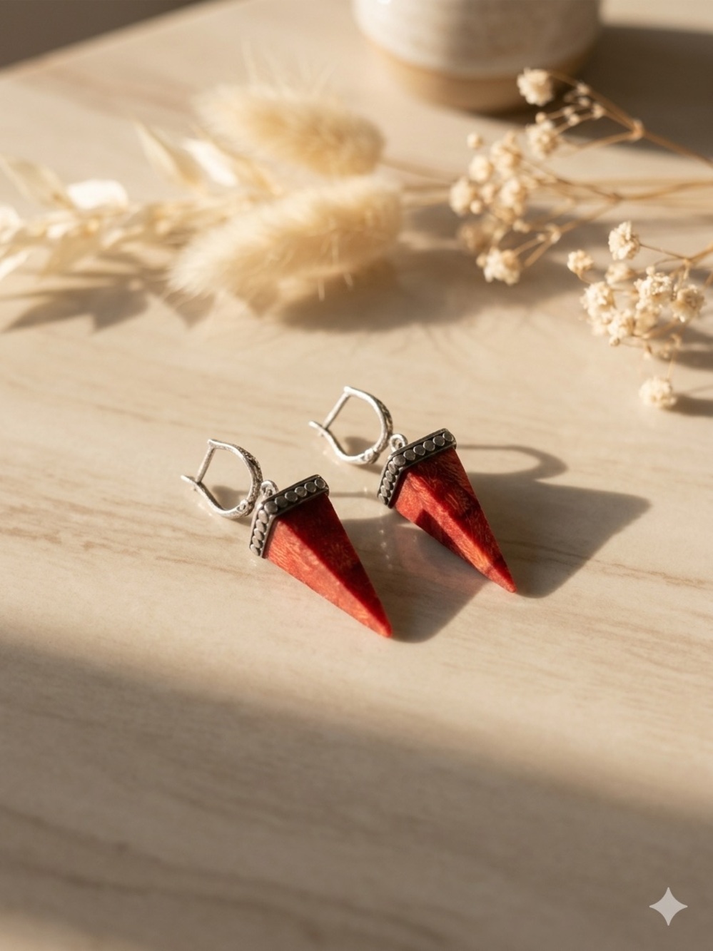 Handcrafted Red Coral Spike Drop Earrings - Jewelry Real Silver Stamped 925 - Picture 2 of 4